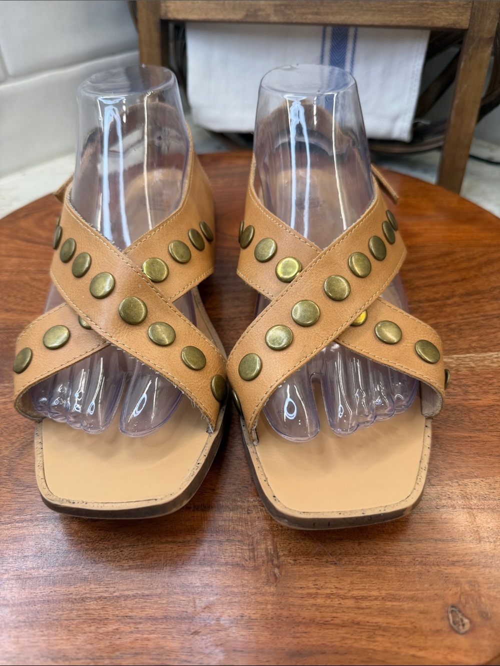 Studded Tan Crisscross Women's Sandals with Square Toe